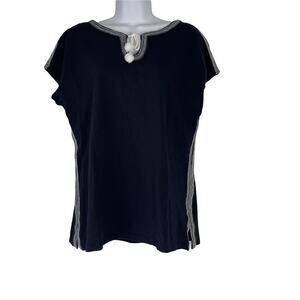 Talbots Women's Size‎ Petite Large Embroidered Navy White Boat Neck Top